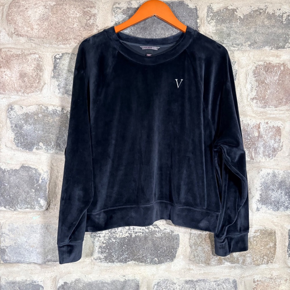 Victoria's Secret Velour Crewneck Sweatshirt Black V Logo Long Sleeve Womens XL